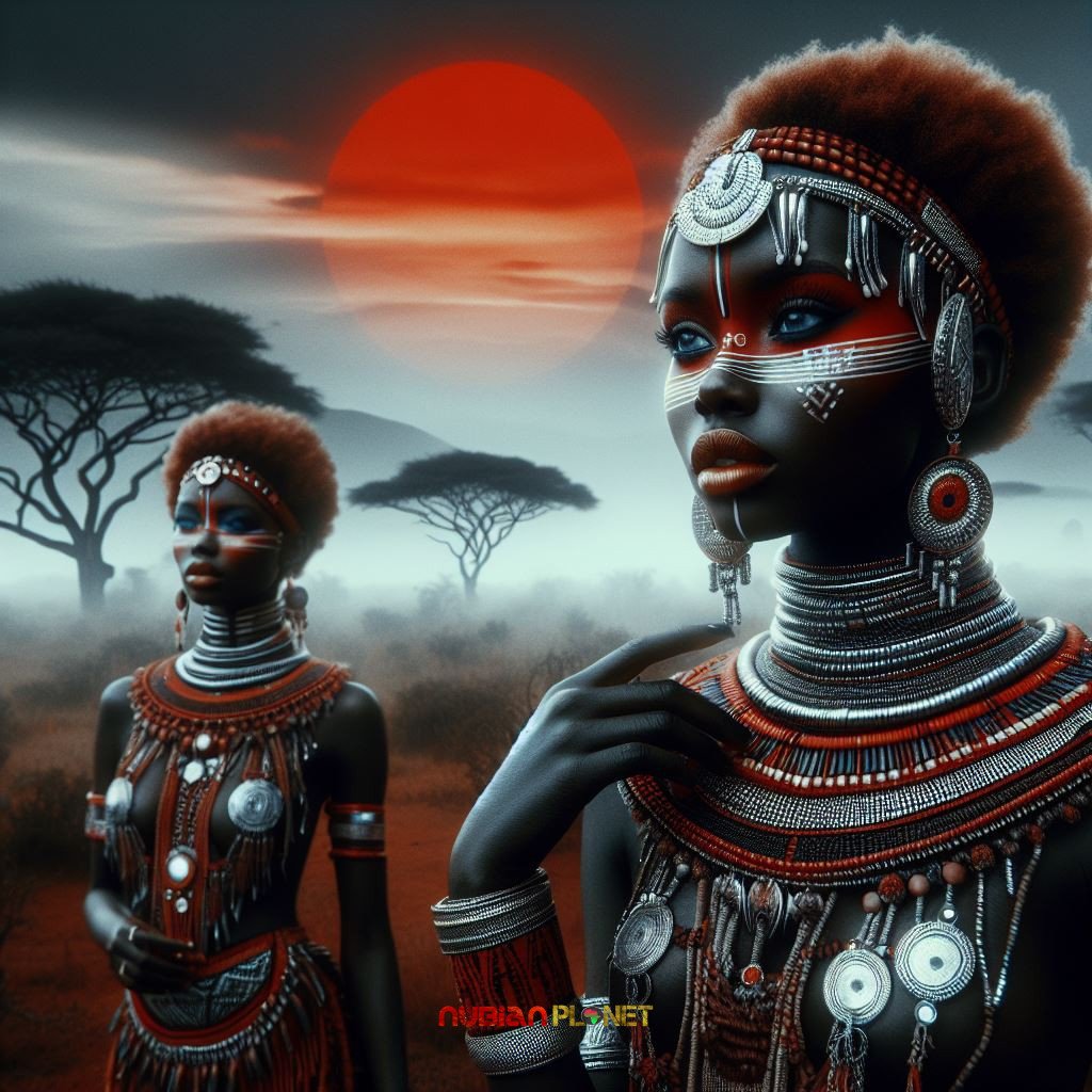 tribal nubian women wearing african ornaments and diamond outfits in savannah region of africa with a glowing large red sun and mist