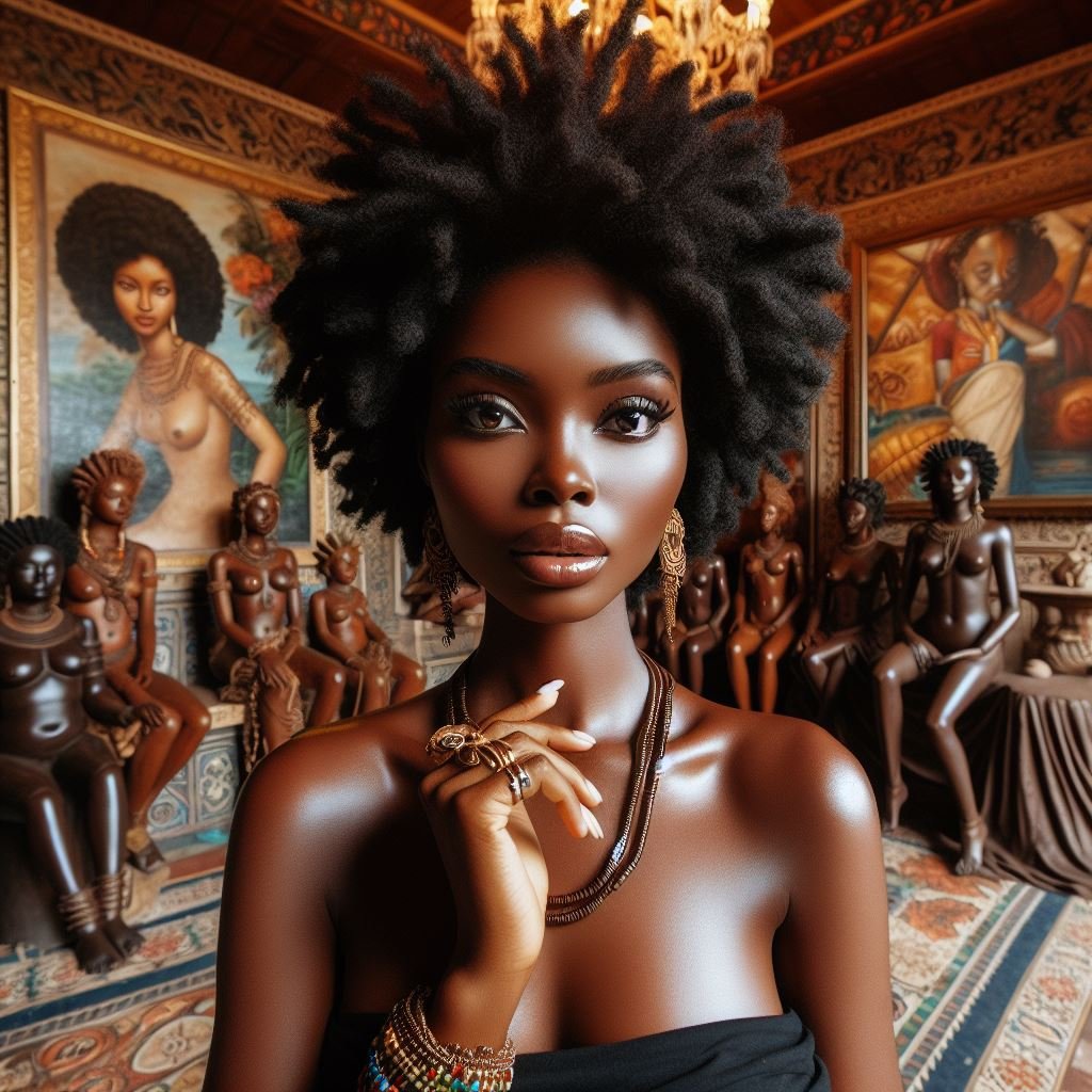 gorgeous African women with natural hairstyles afros braids dreadlocks in an african mansion with paintings statues of gods and goddesses 14