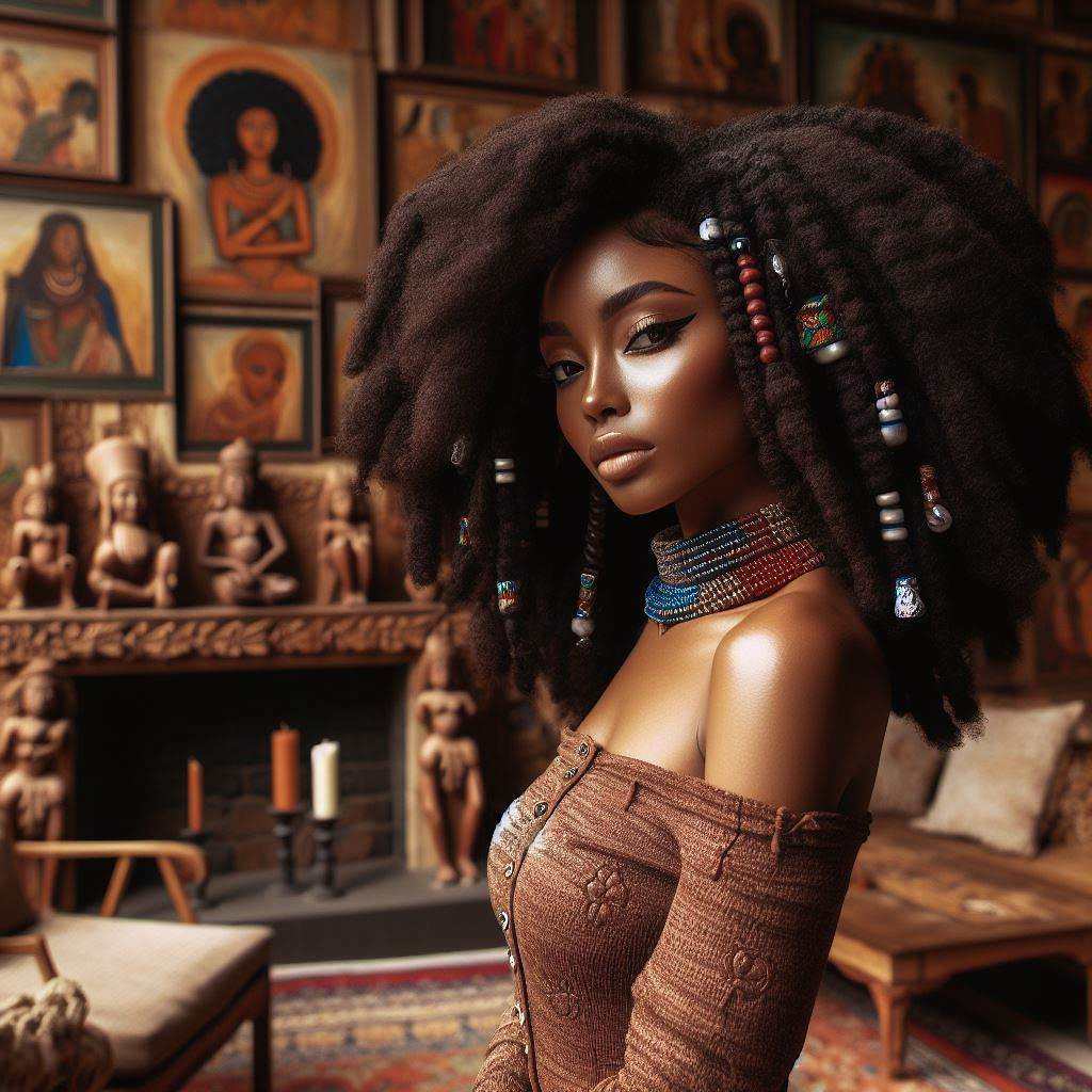 gorgeous African women with natural hairstyles afros braids dreadlocks in an african mansion with paintings statues of gods and goddesses 15