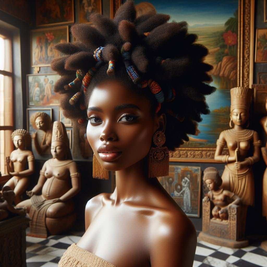 gorgeous African women with natural hairstyles afros braids dreadlocks in an african mansion with paintings statues of gods and goddesses 16