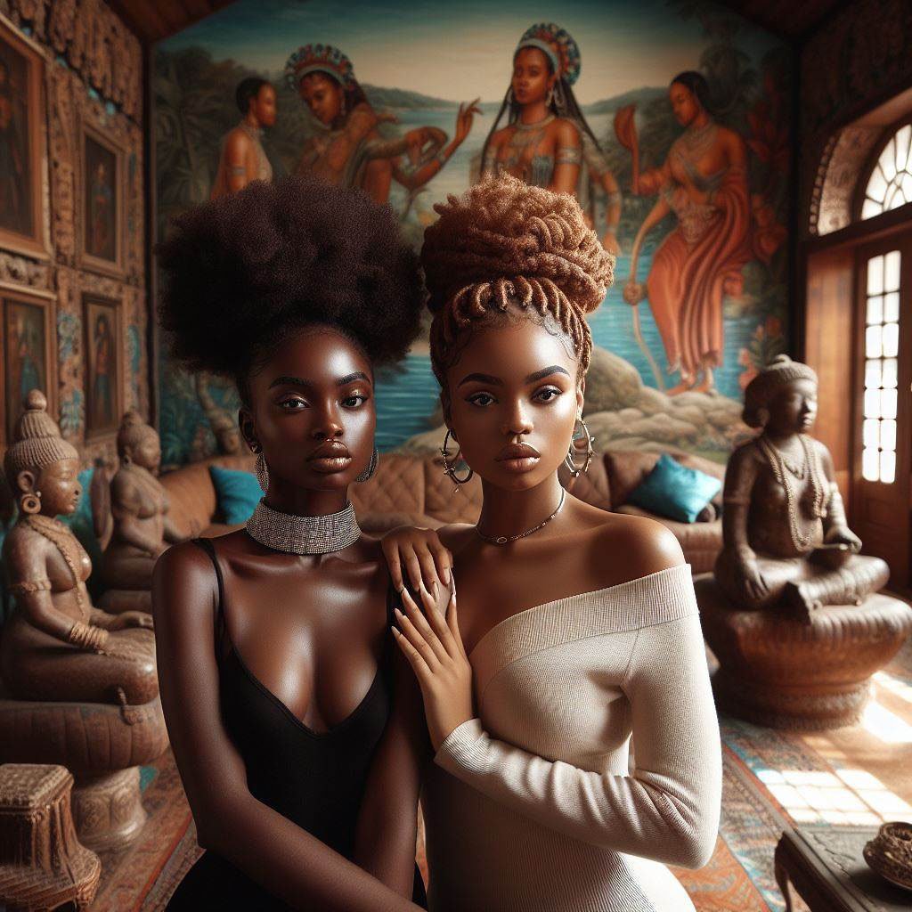 gorgeous African women with natural hairstyles afros braids dreadlocks in an african mansion with paintings statues of gods and goddesses 8