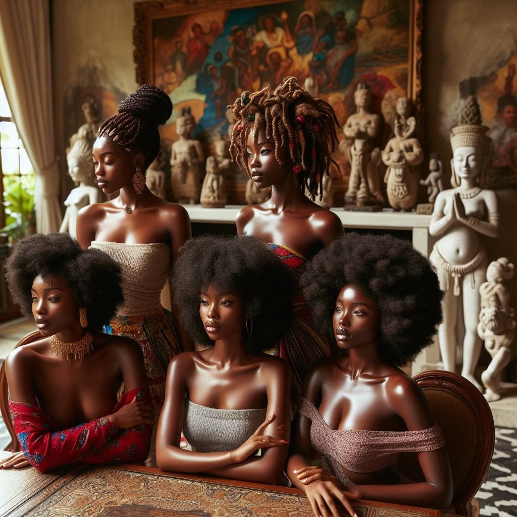 gorgeous African women with natural hairstyles afros braids dreadlocks in an african mansion with paintings statues of gods and goddesses 9