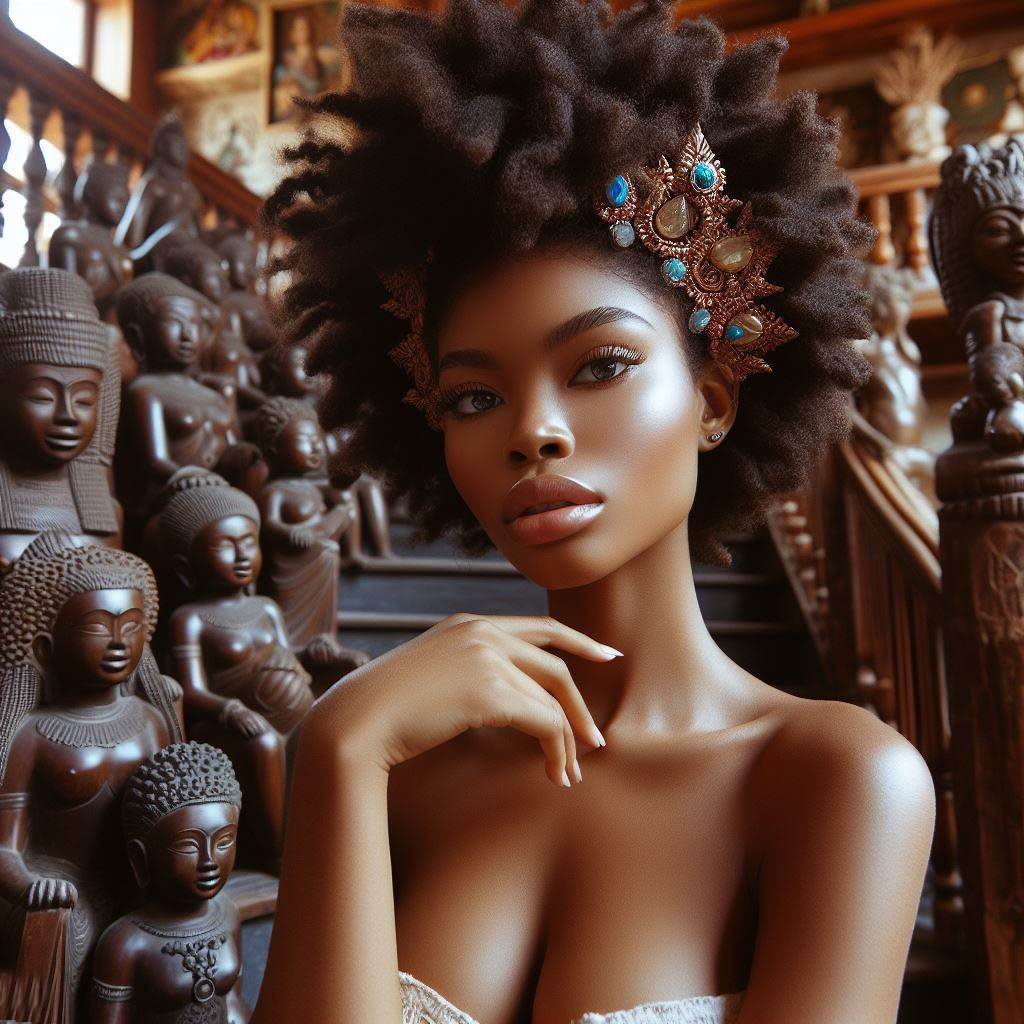 gorgeous African women with natural hairstyles afros braids dreadlocks in an african mansion with statues of gods and goddesses